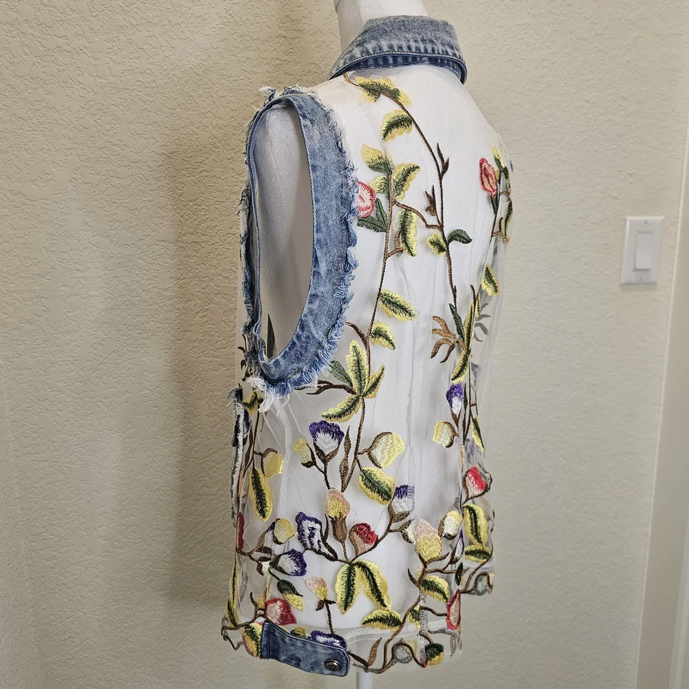 Adore Floral Embroidered Sheer Denim Vest - Picture 10 of 16